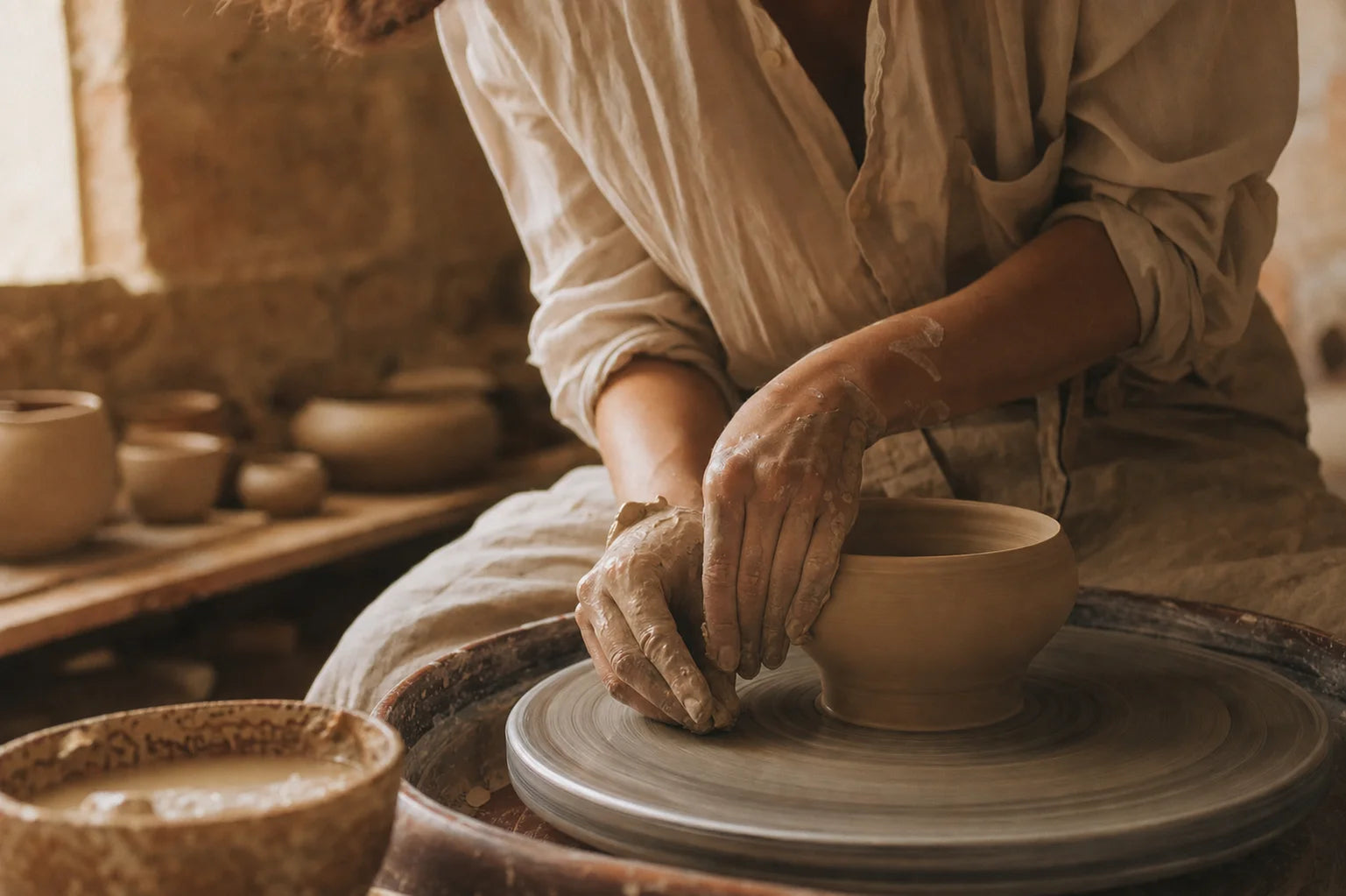Mani al lavoro nell'atelier di ceramica Le Officine di Giulia